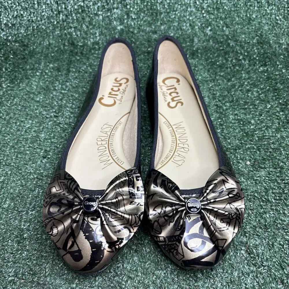NEW Sam Edelman Circus LOGO‎ Gold Black Ciera Slip On Ballet Flats Bow Size 7